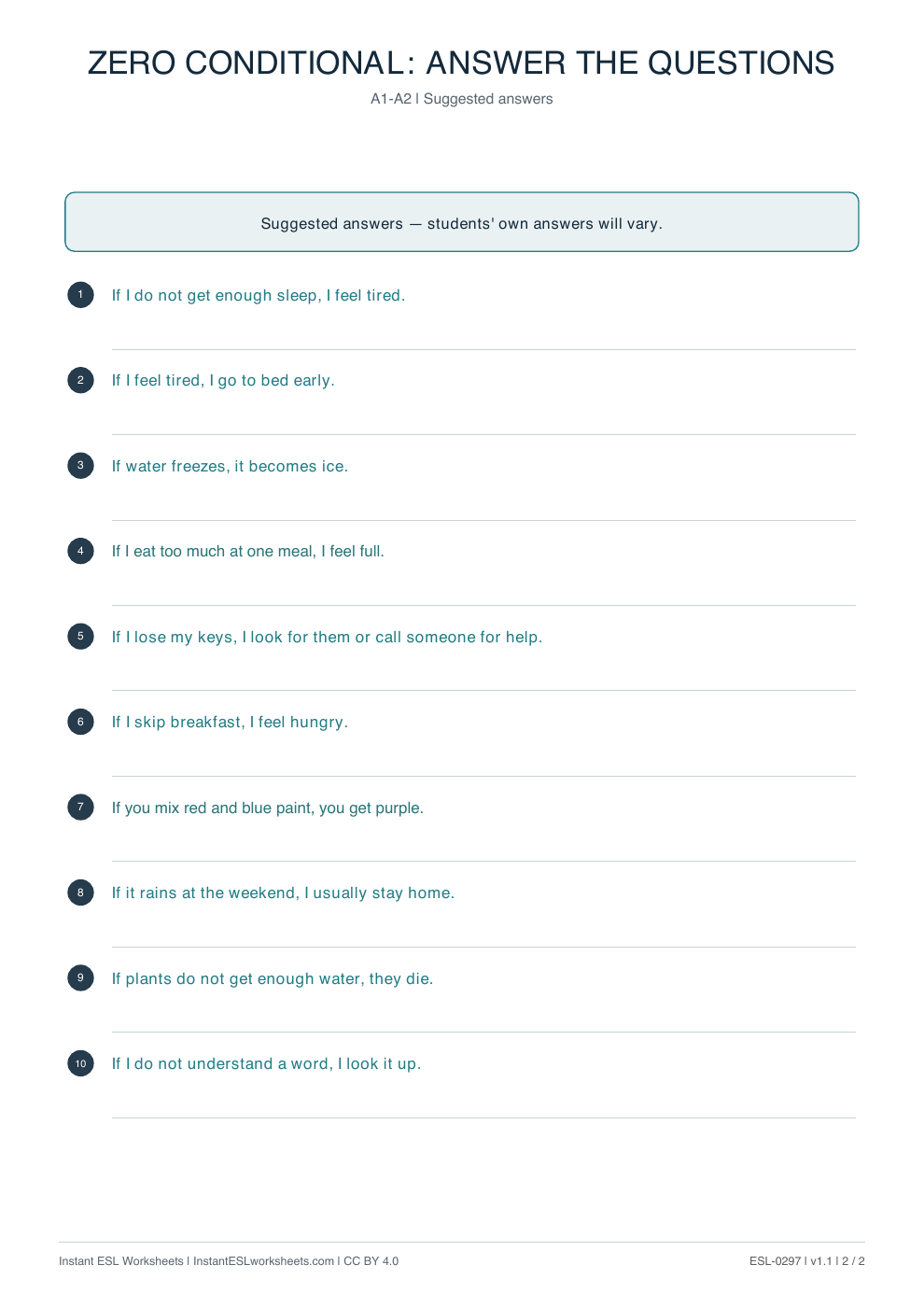 Page 2 of Zero Conditional: Answer the Questions - answer key