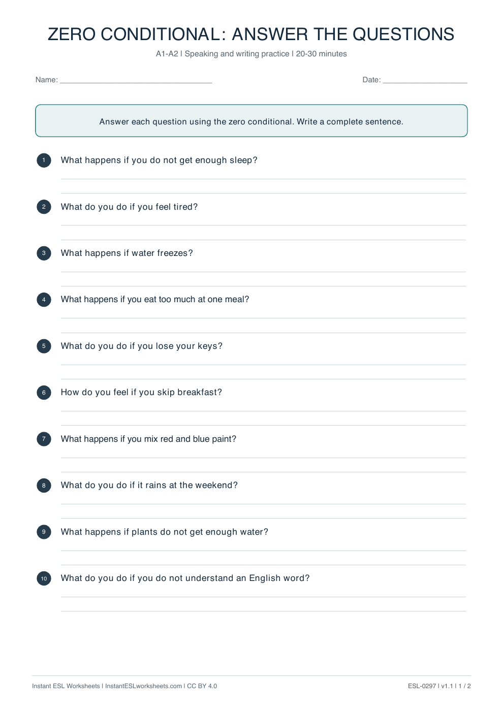 Page 1 of Zero Conditional: Answer the Questions