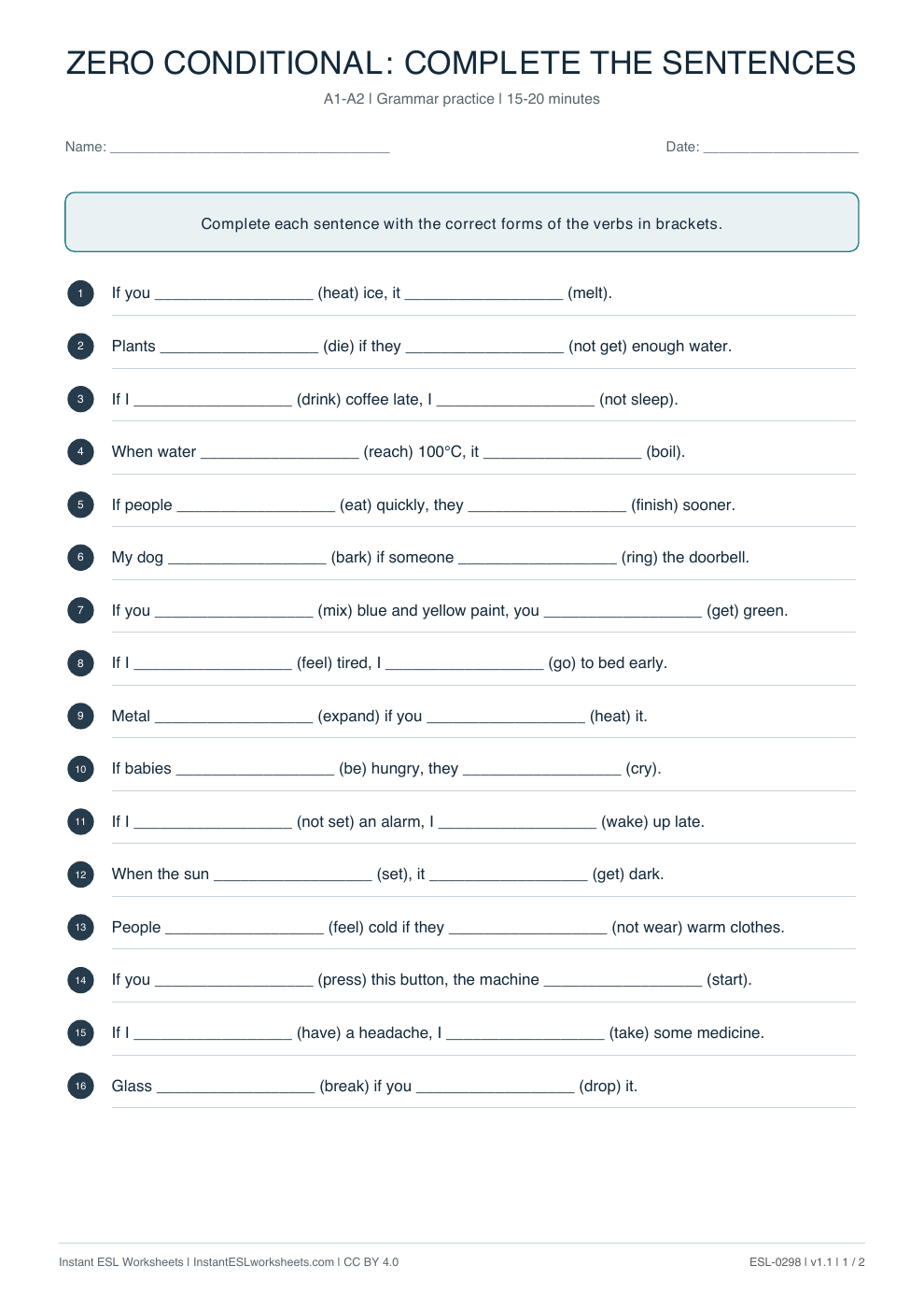 Page 1 of Zero Conditional: Complete the Sentences