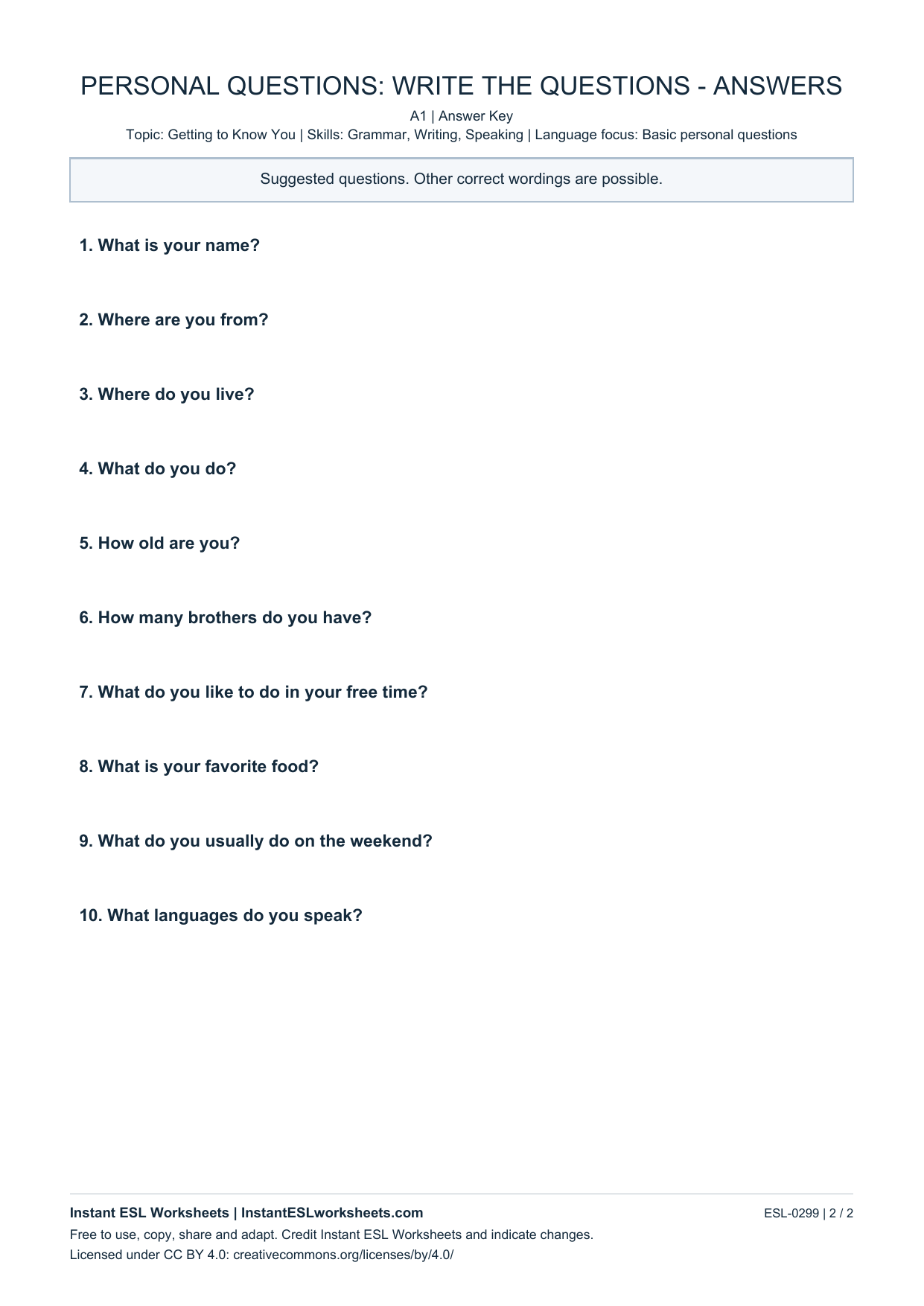 Page 2 of Personal Questions: Write the Questions - answer key