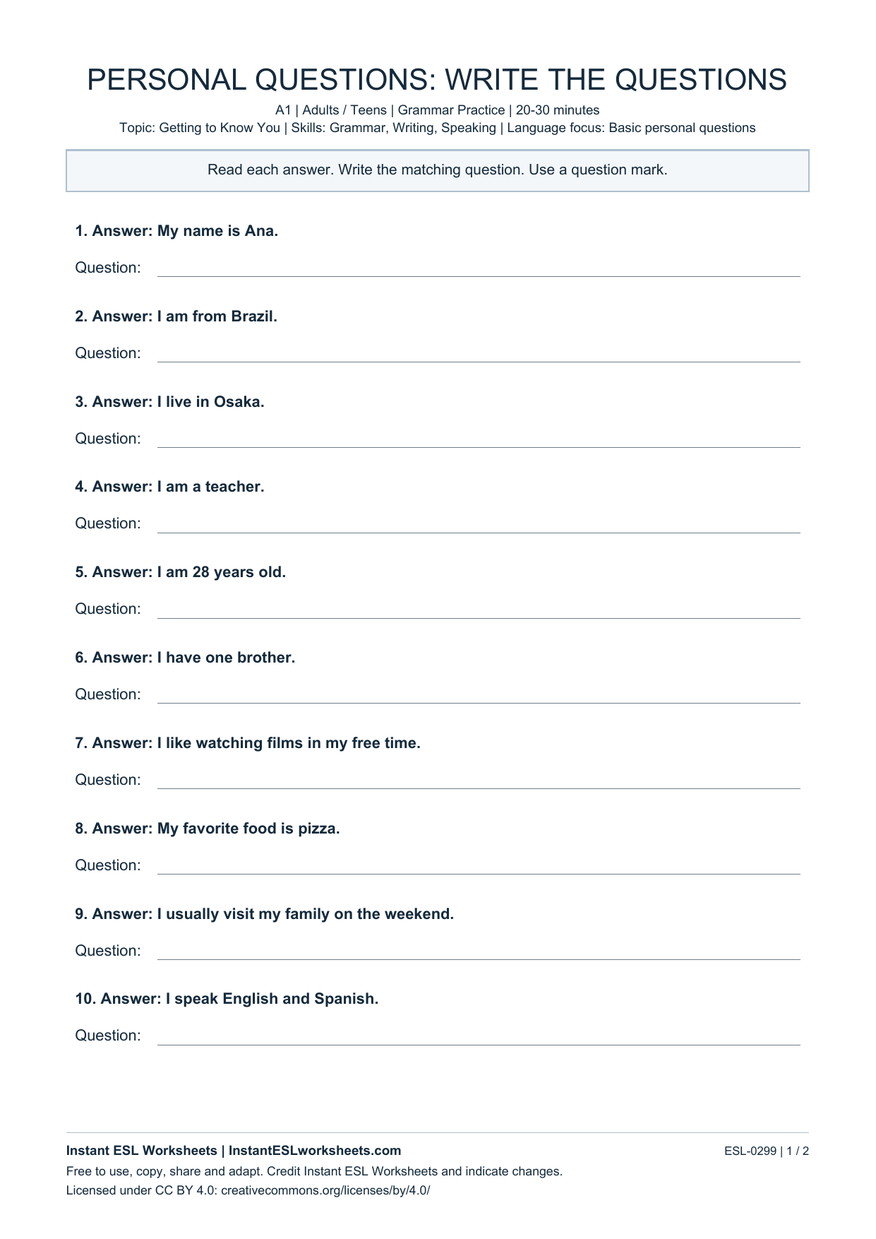 Page 1 of Personal Questions: Write the Questions