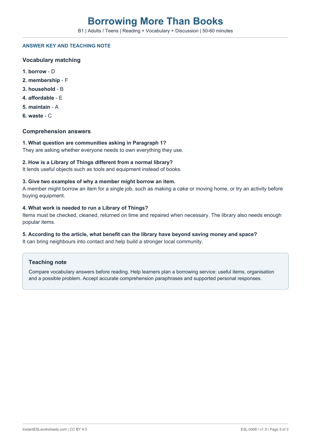 Page 3 of Borrowing More Than Books - answer key