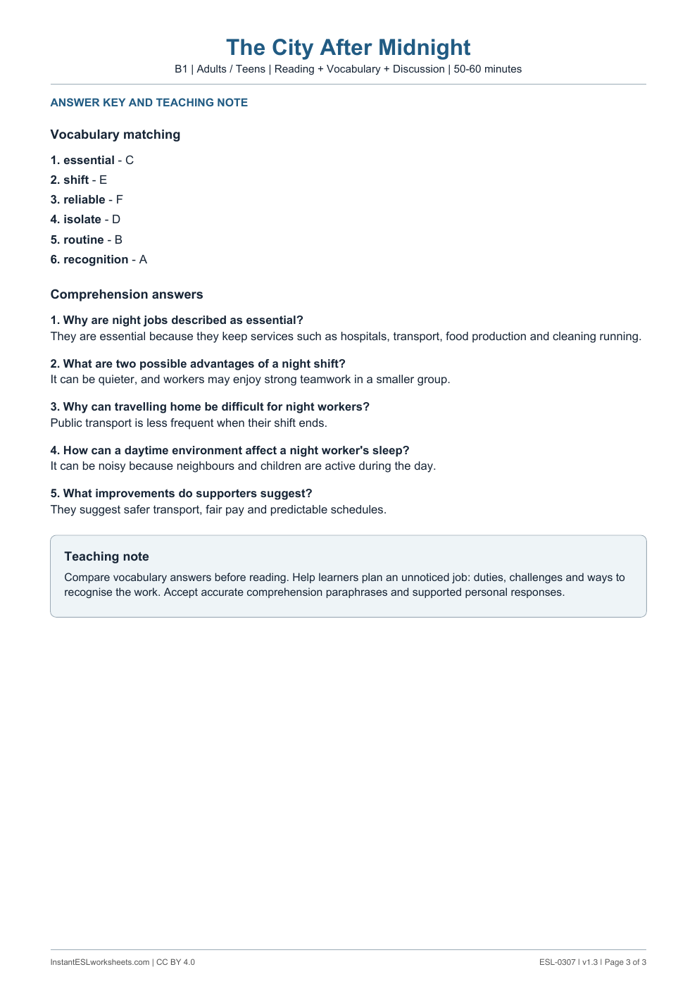 Page 3 of The City After Midnight - answer key