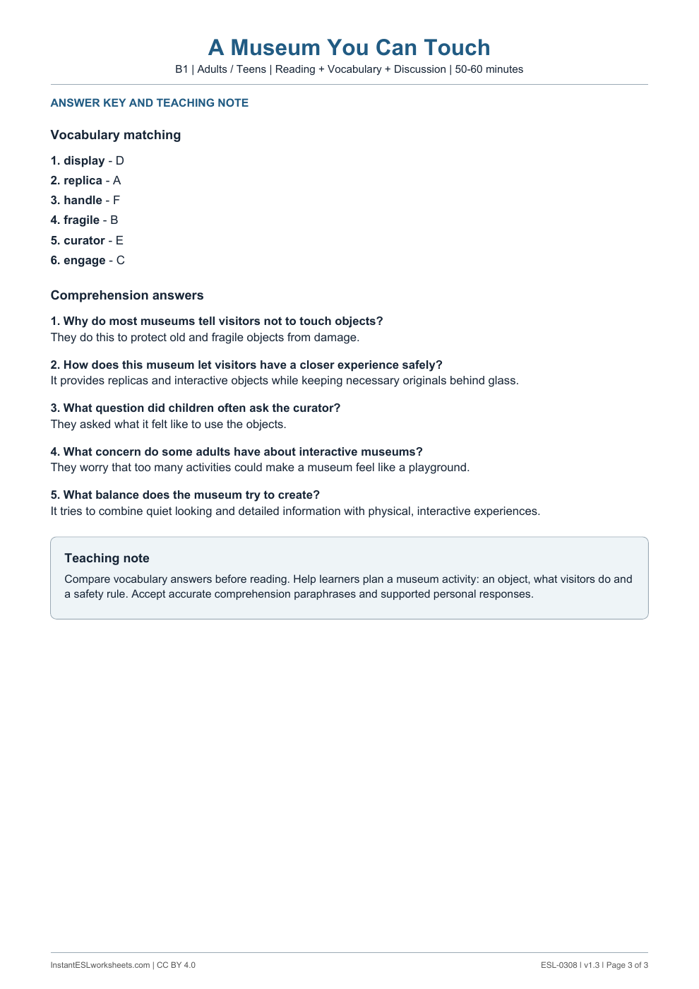 Page 3 of A Museum You Can Touch - answer key