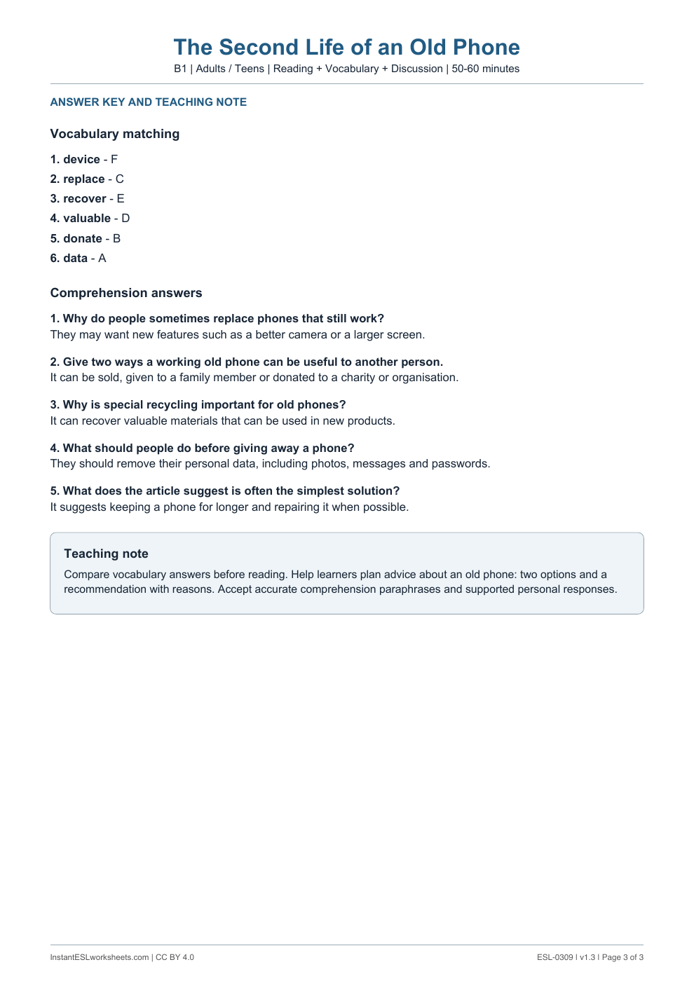 Page 3 of The Second Life of an Old Phone - answer key