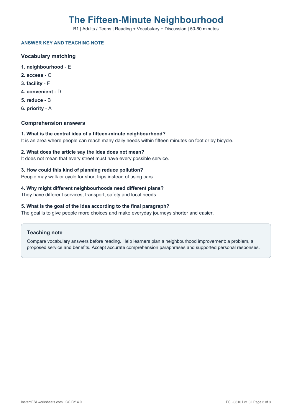 Page 3 of The Fifteen-Minute Neighbourhood - answer key