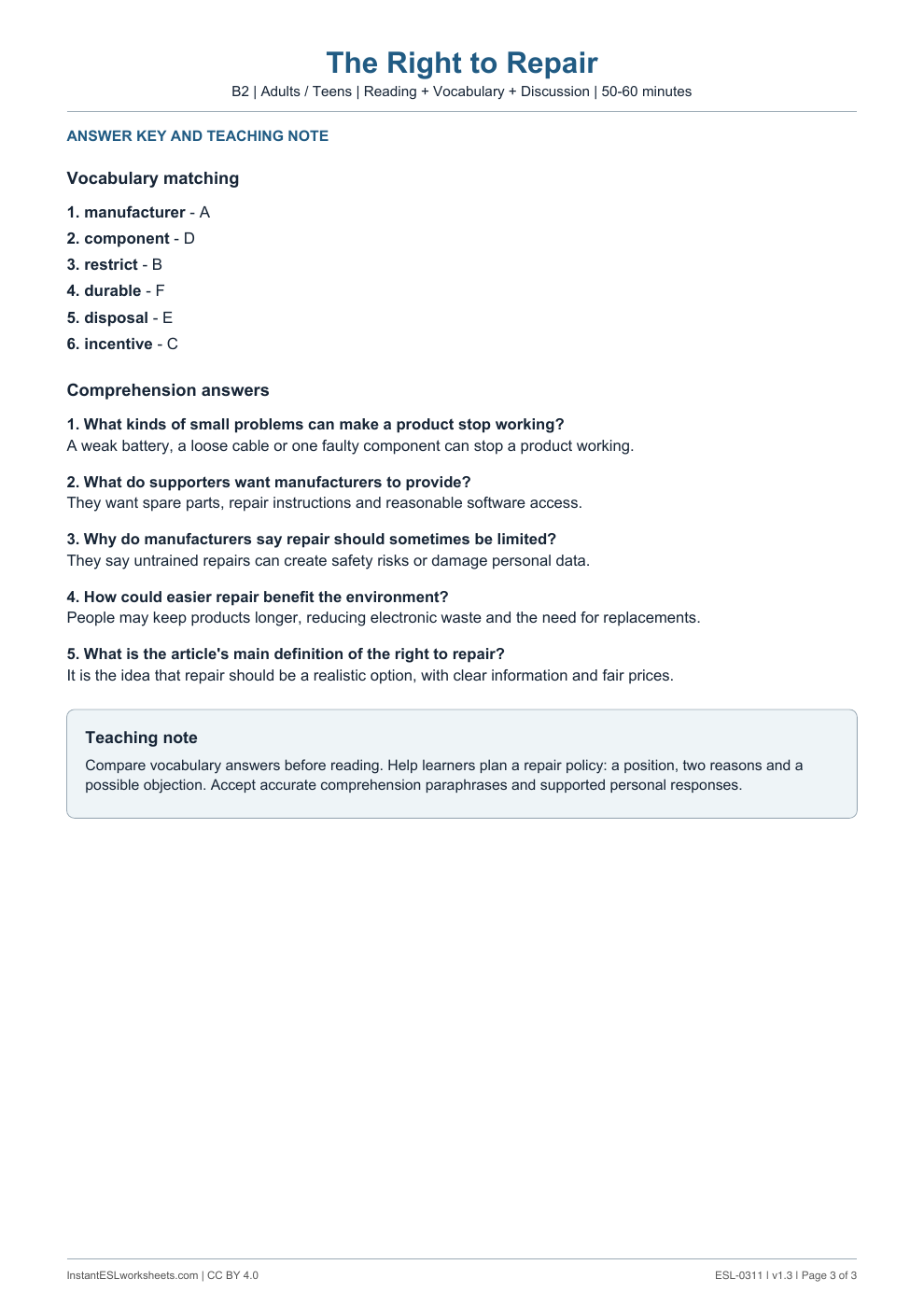 Page 3 of The Right to Repair - answer key