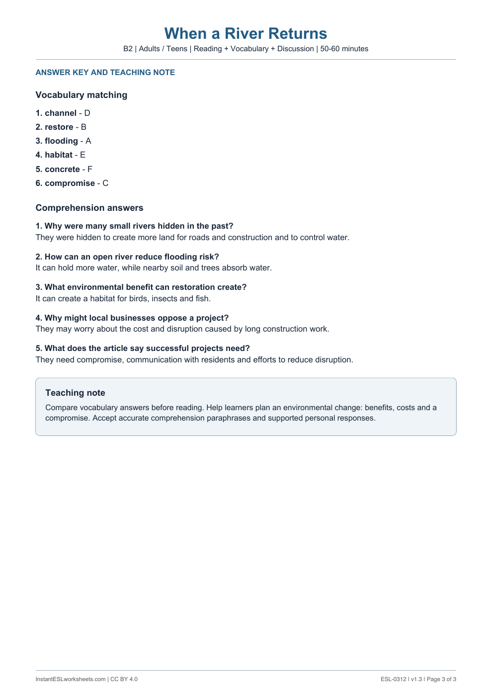 Page 3 of When a River Returns - answer key