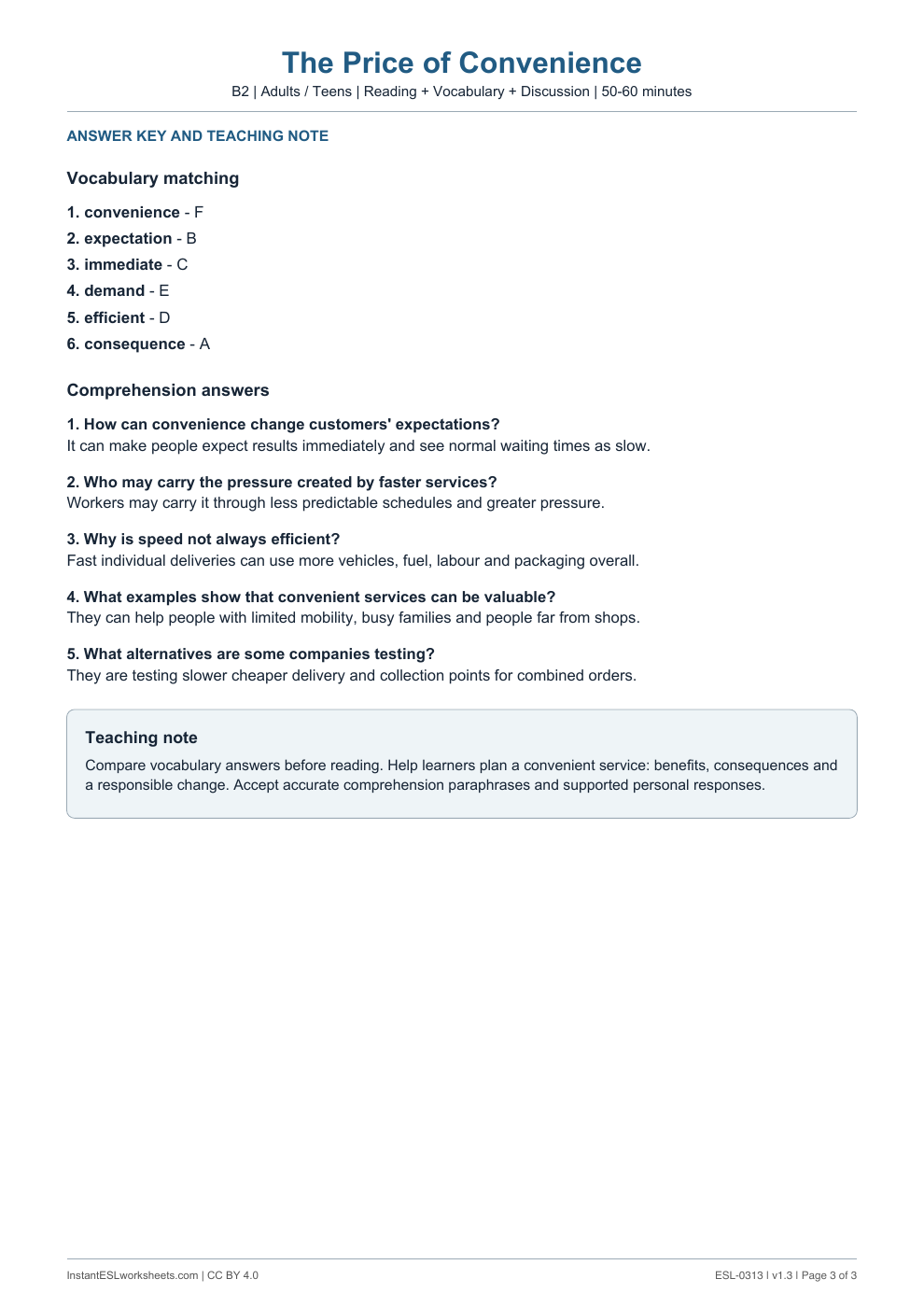 Page 3 of The Price of Convenience - answer key