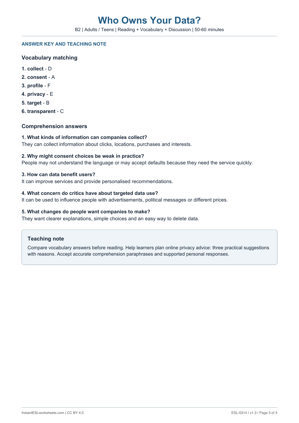 Page 3 of Who Owns Your Data? - answer key