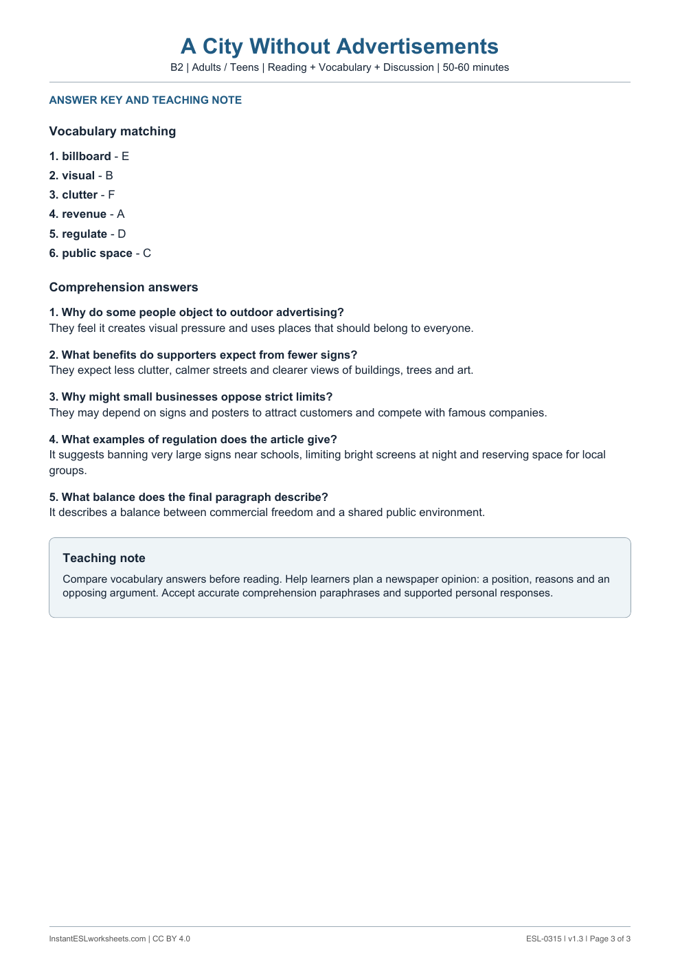 Page 3 of A City Without Advertisements - answer key