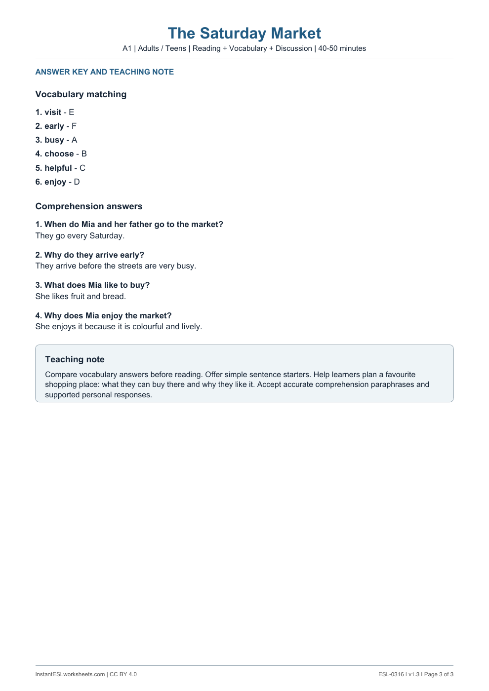 Page 3 of The Saturday Market - answer key