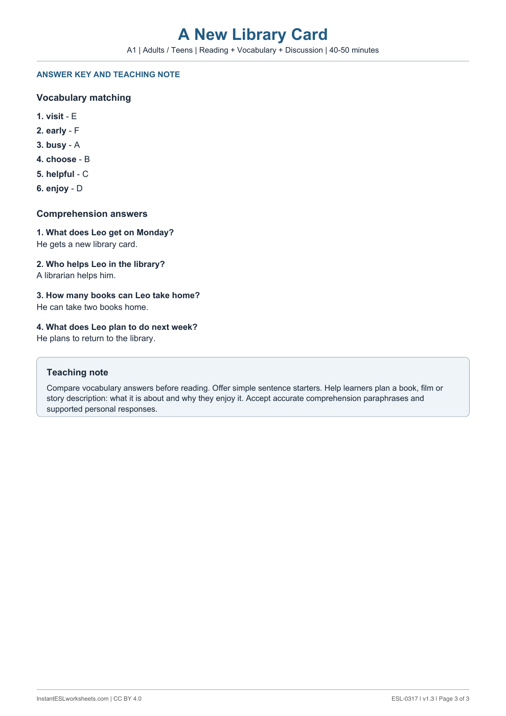 Page 3 of A New Library Card - answer key
