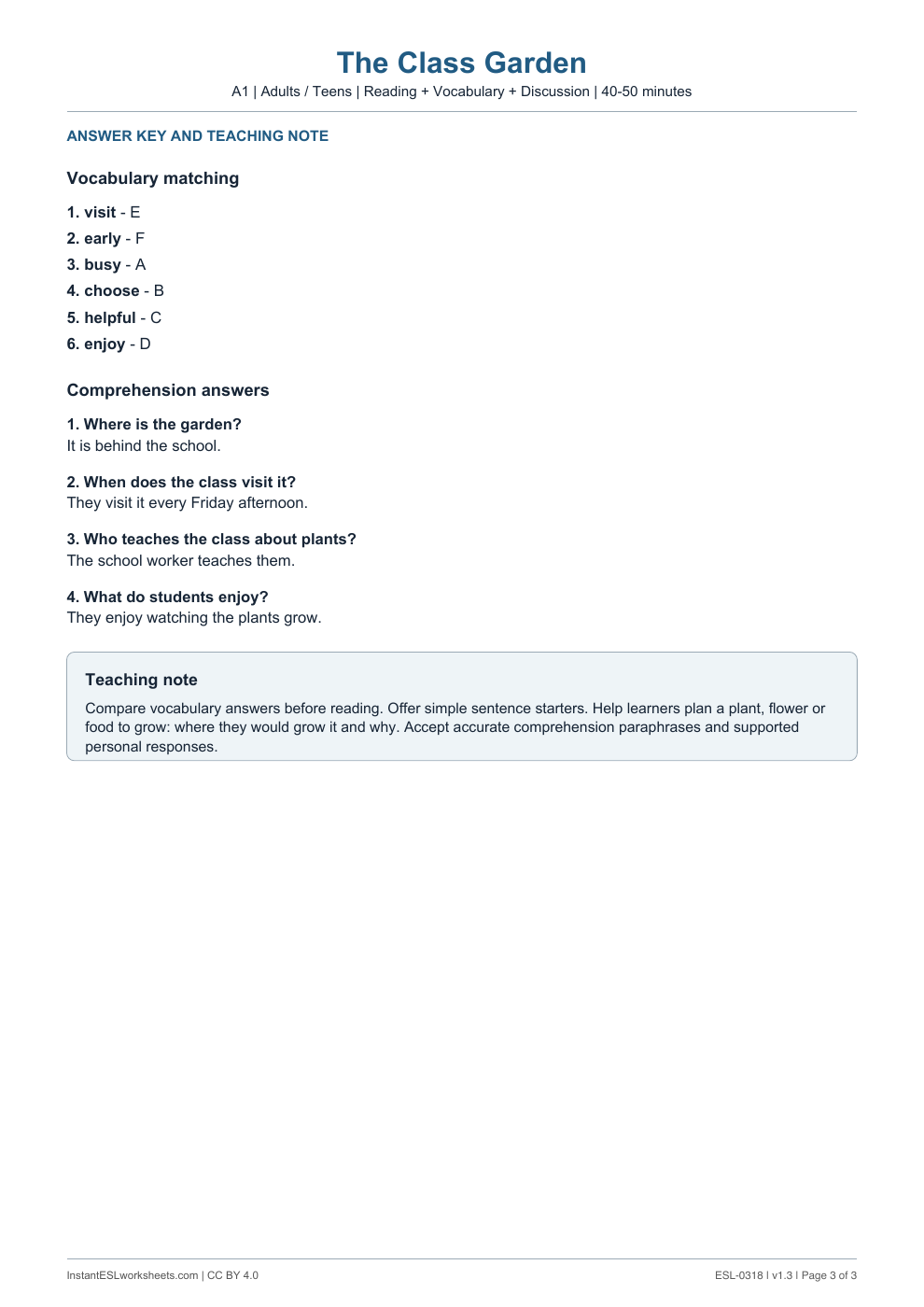 Page 3 of The Class Garden - answer key