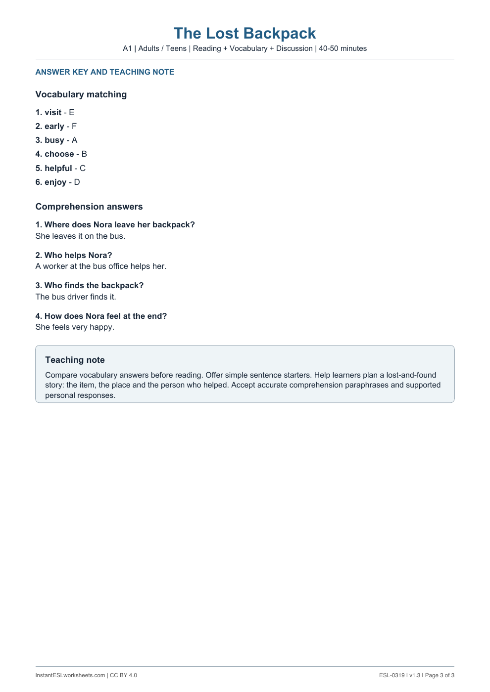 Page 3 of The Lost Backpack - answer key