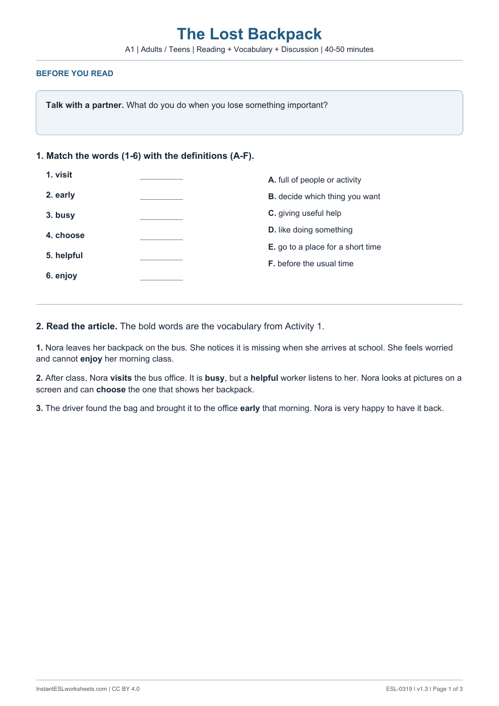 Page 1 of The Lost Backpack