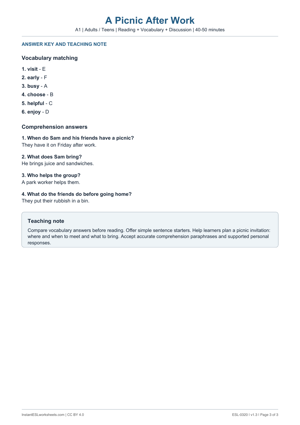 Page 3 of A Picnic After Work - answer key