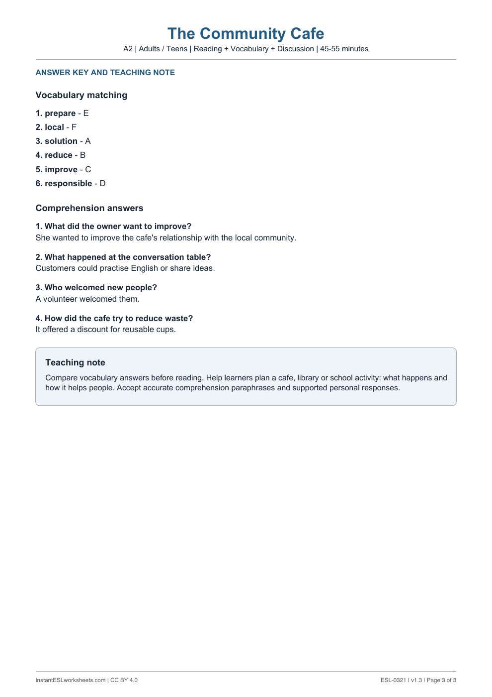Page 3 of The Community Cafe - answer key
