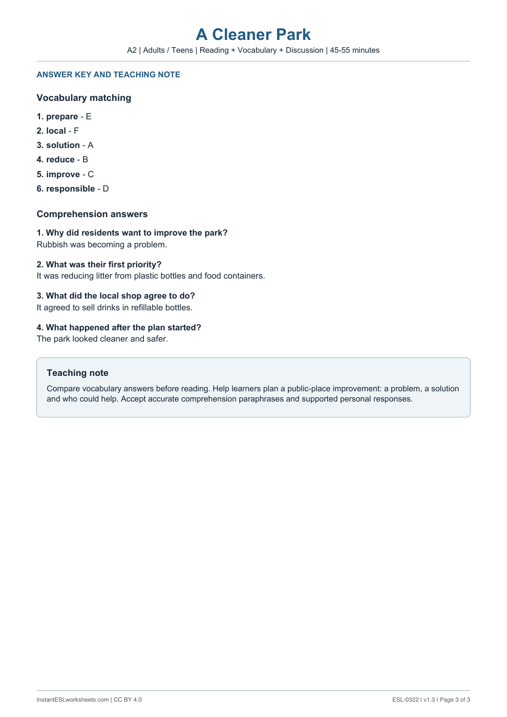 Page 3 of A Cleaner Park - answer key