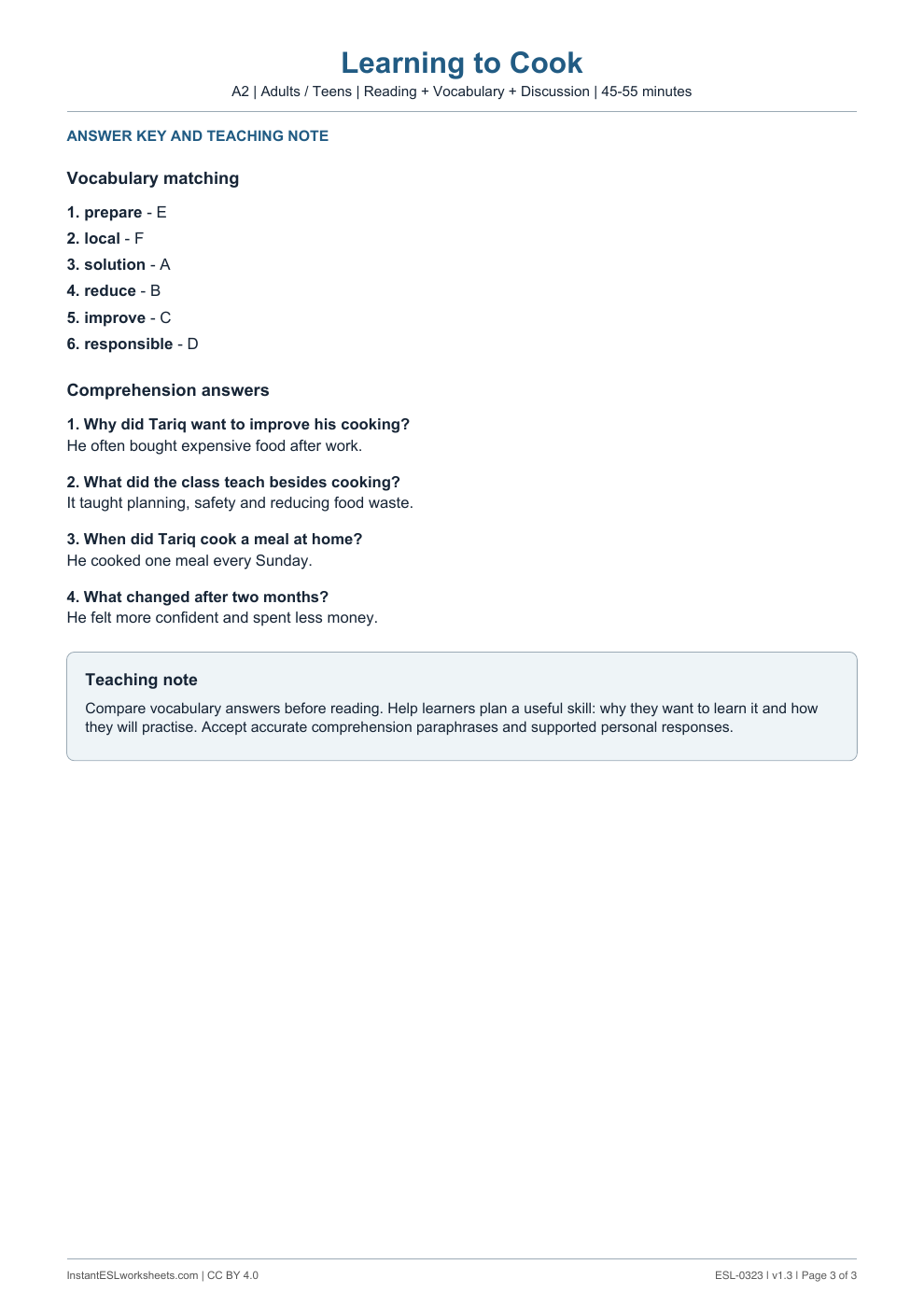 Page 3 of Learning to Cook - answer key