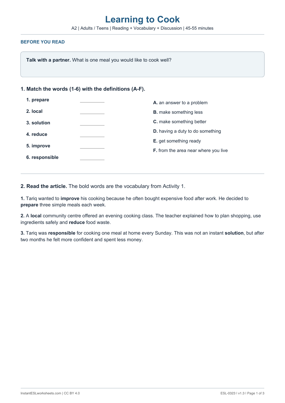Page 1 of Learning to Cook
