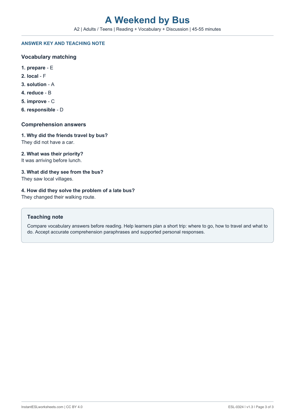 Page 3 of A Weekend by Bus - answer key