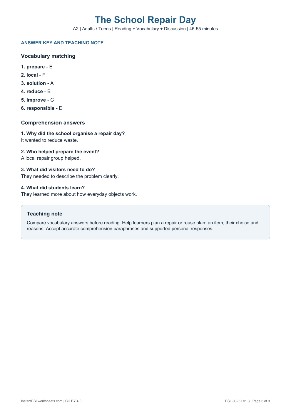 Page 3 of The School Repair Day - answer key