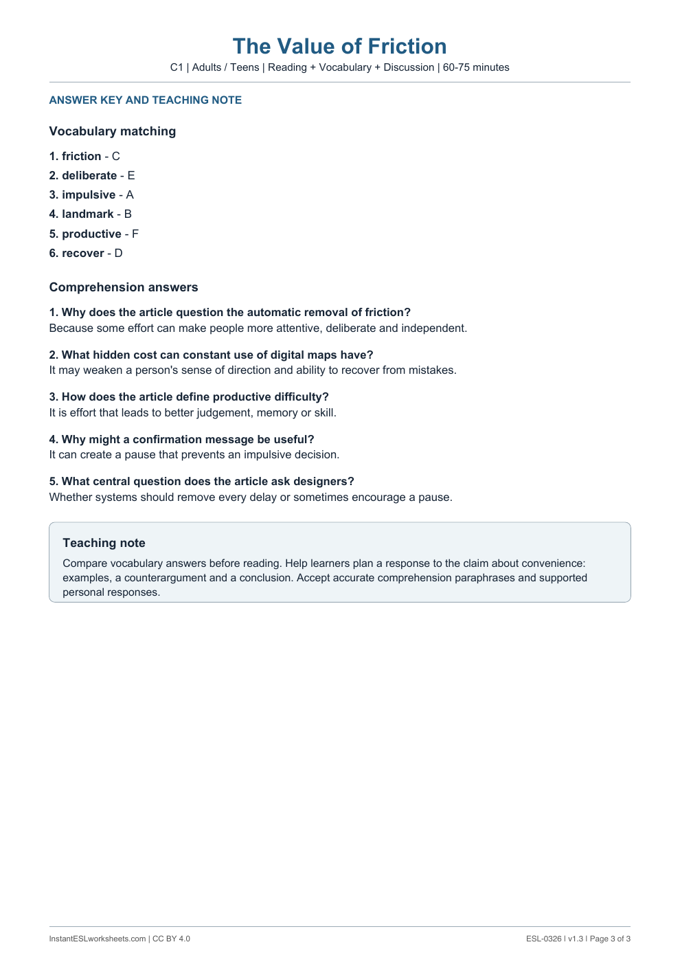 Page 3 of The Value of Friction - answer key