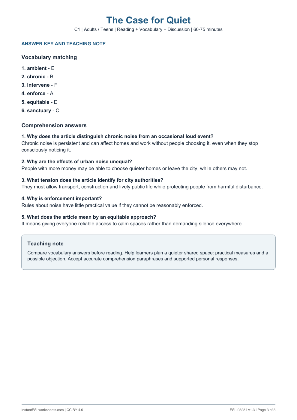 Page 3 of The Case for Quiet - answer key