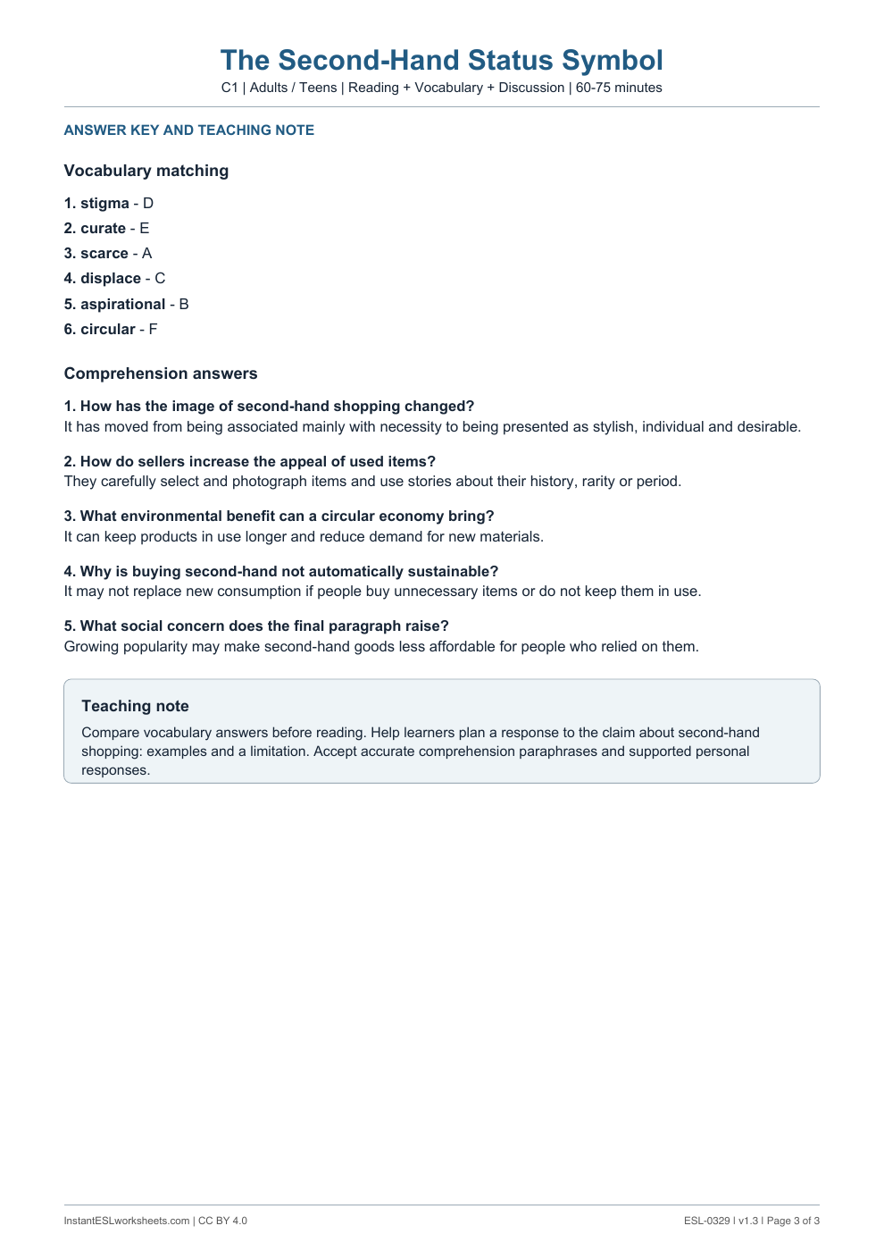 Page 3 of The Second-Hand Status Symbol - answer key