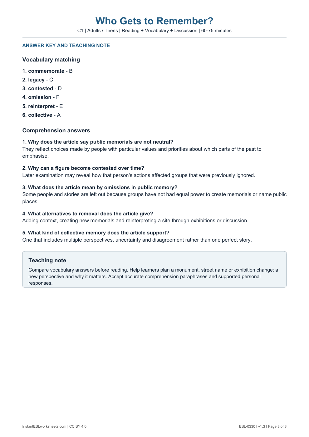 Page 3 of Who Gets to Remember? - answer key