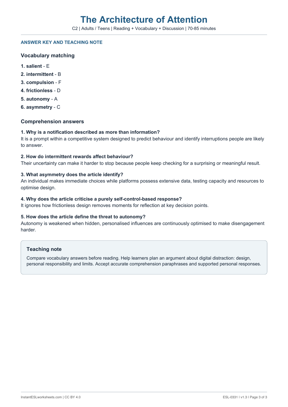 Page 3 of The Architecture of Attention - answer key