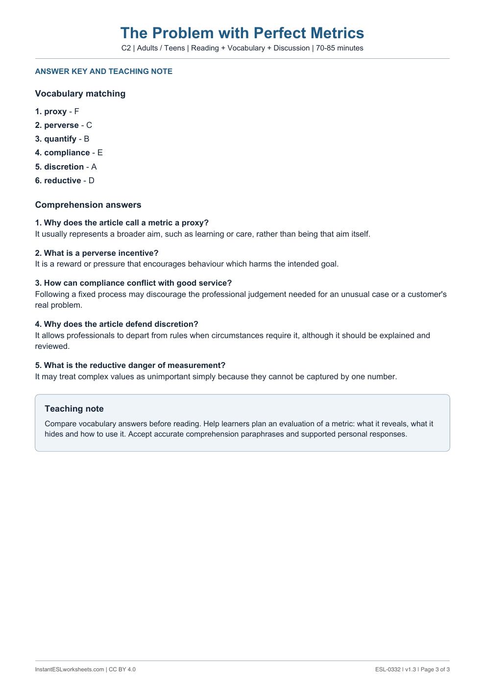 Page 3 of The Problem with Perfect Metrics - answer key