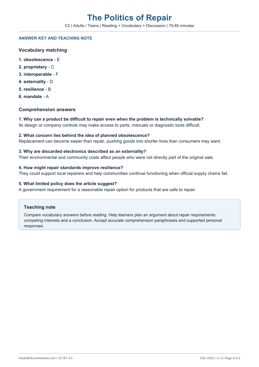 Page 3 of The Politics of Repair - answer key