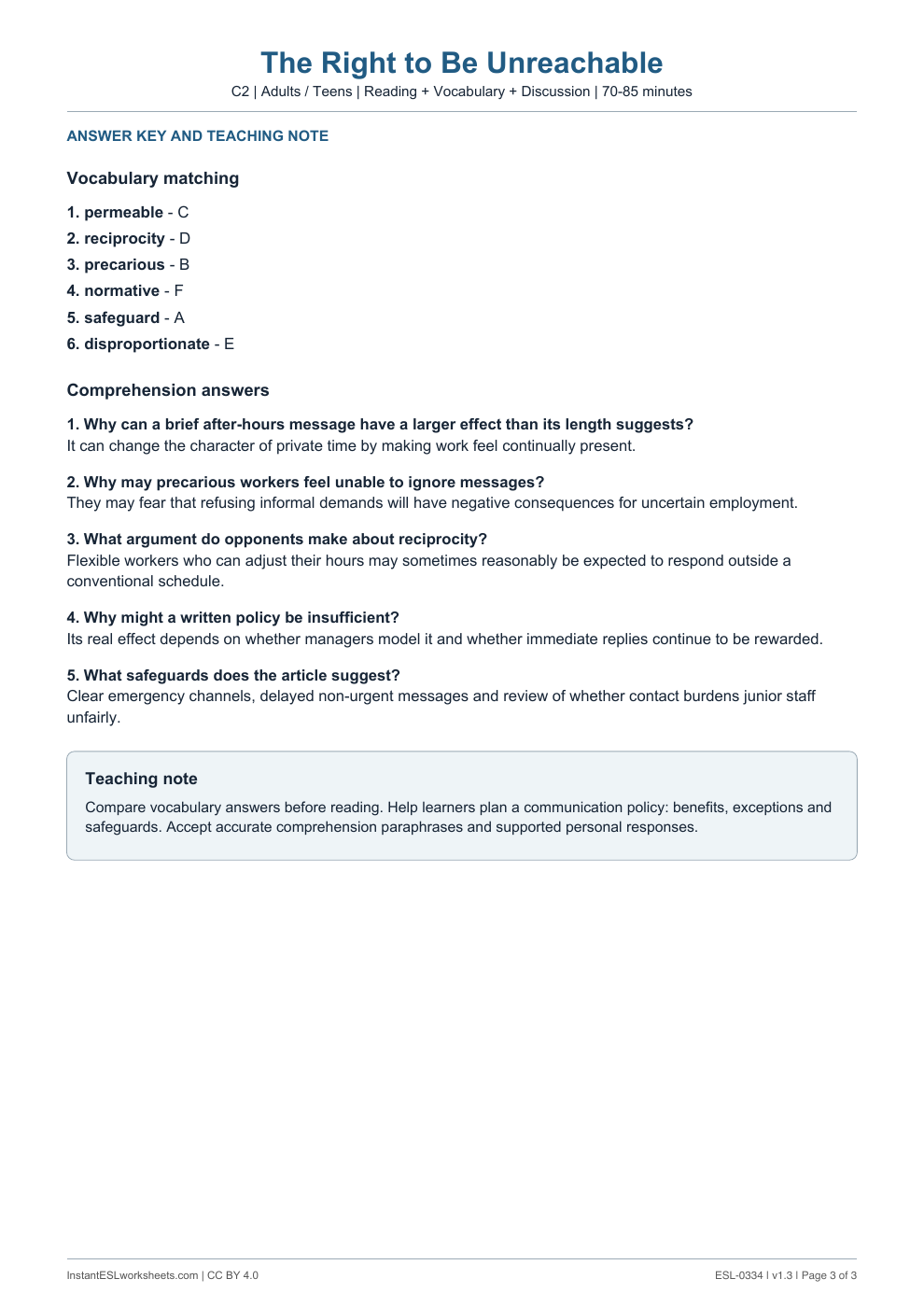 Page 3 of The Right to Be Unreachable - answer key