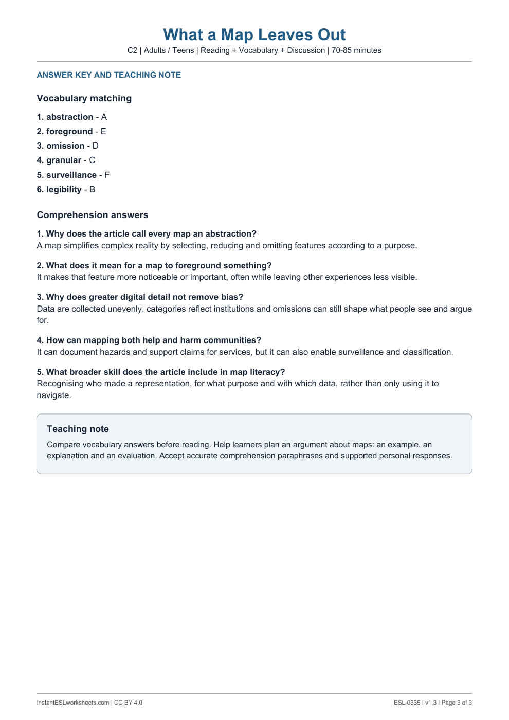 Page 3 of What a Map Leaves Out - answer key