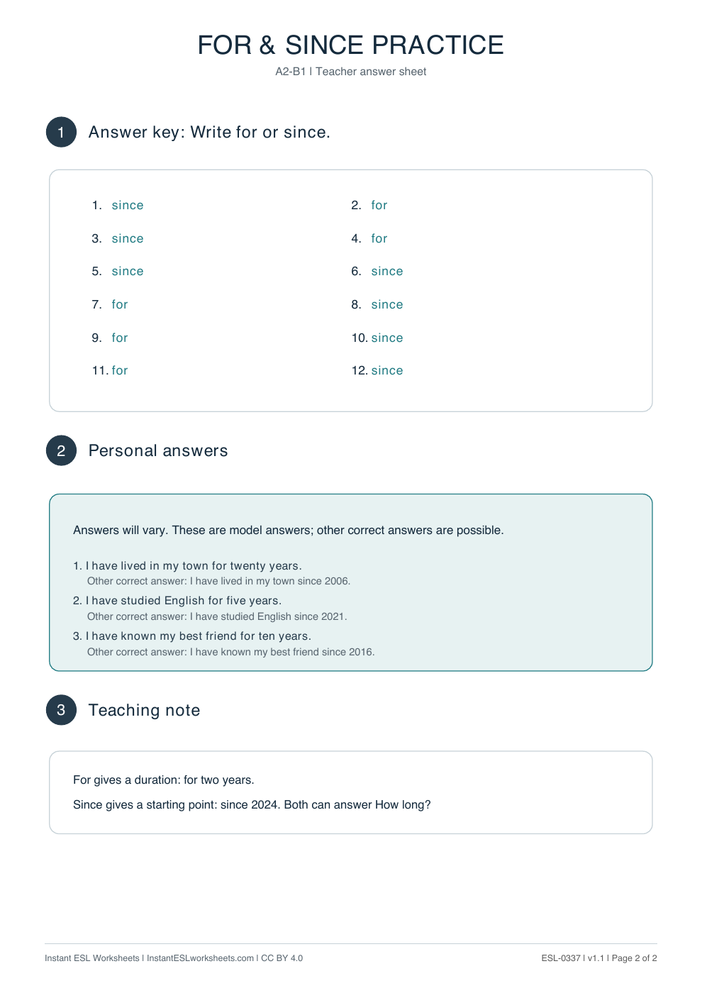 Page 2 of For and Since: Complete the Sentences - answer key
