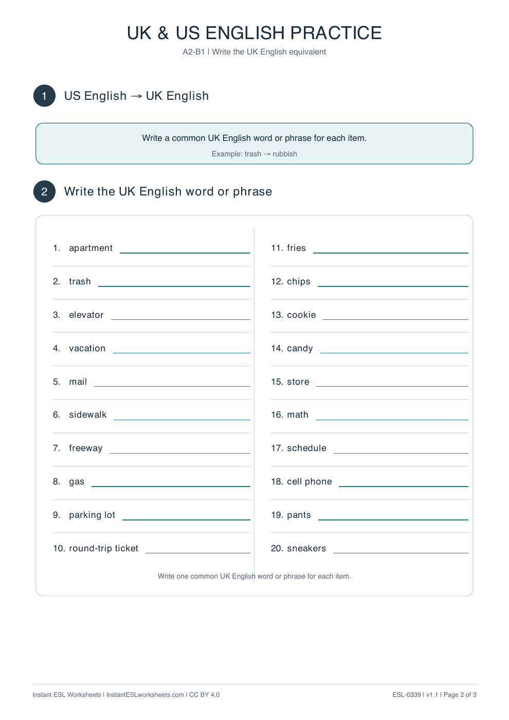 Page 2 of UK and US English: Vocabulary Practice