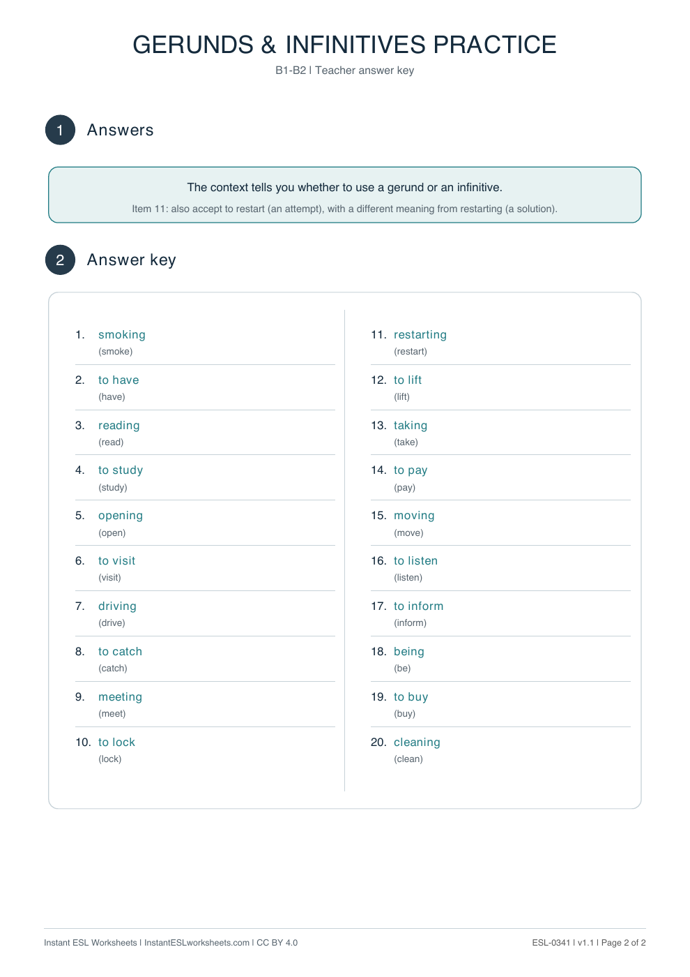 Page 2 of Gerunds and Infinitives: Complete the Sentences - answer key