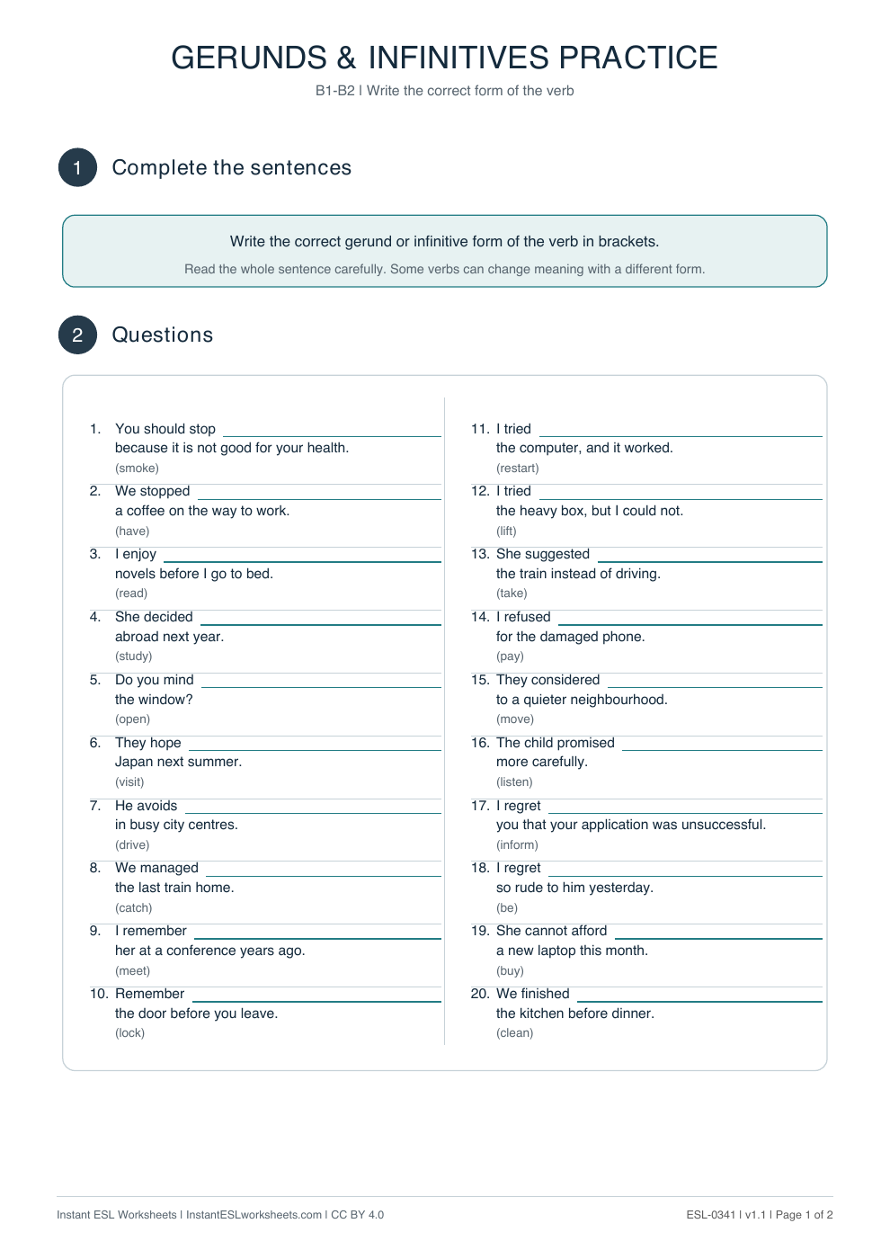 Page 1 of Gerunds and Infinitives: Complete the Sentences