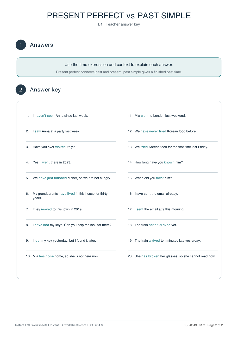 Page 2 of Present Perfect vs Past Simple - answer key