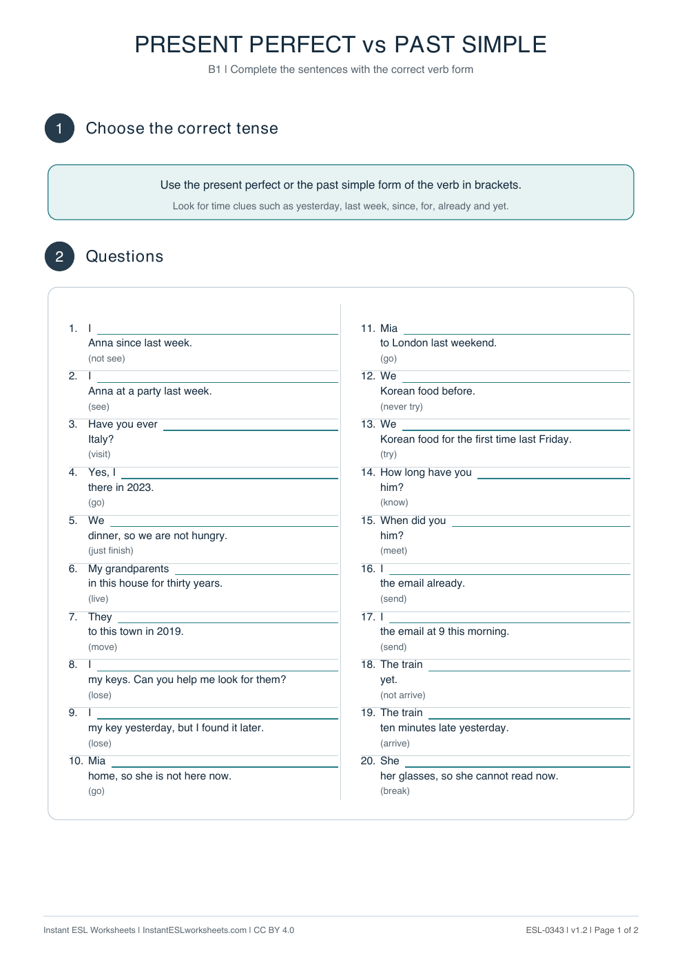 Page 1 of Present Perfect vs Past Simple
