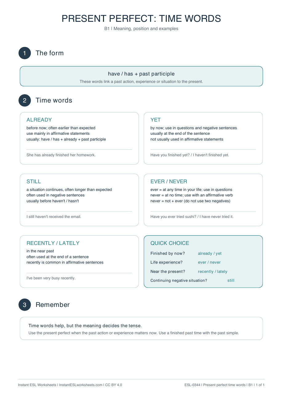 Page 1 of Present Perfect Time Words