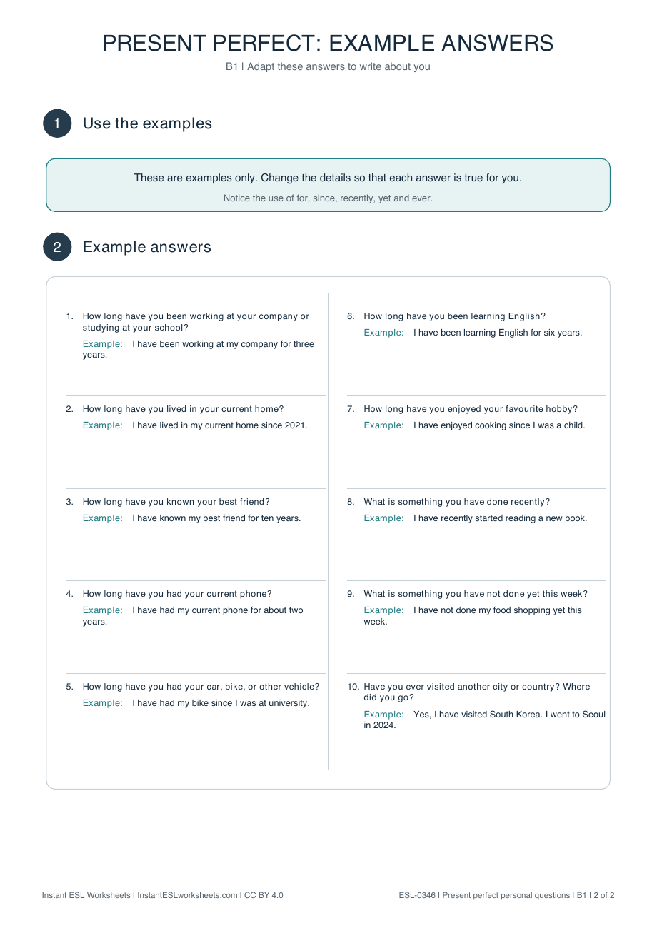 Page 2 of Present Perfect Personal Questions: Writing Practice - answer key