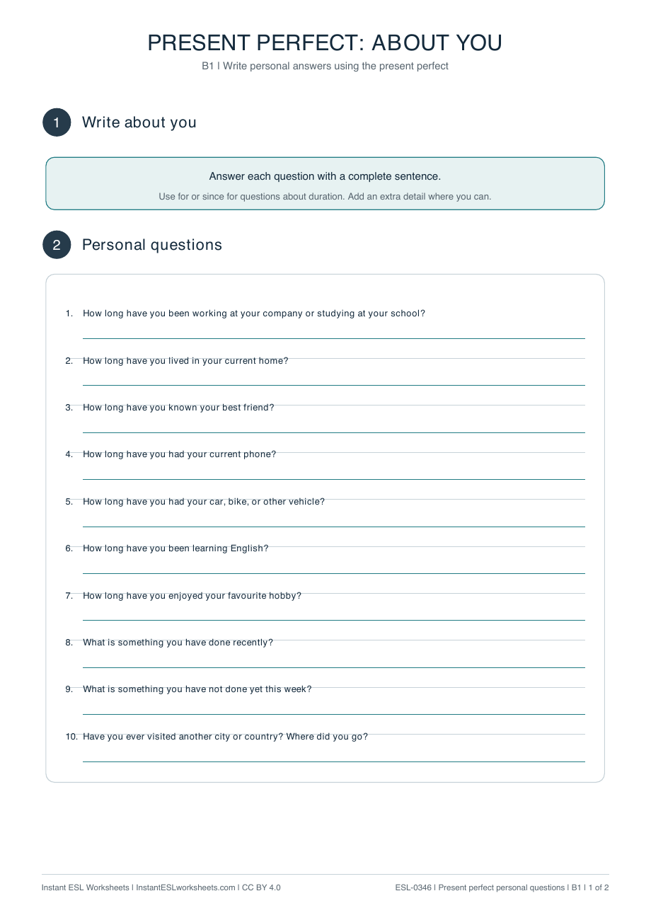 Page 1 of Present Perfect Personal Questions: Writing Practice