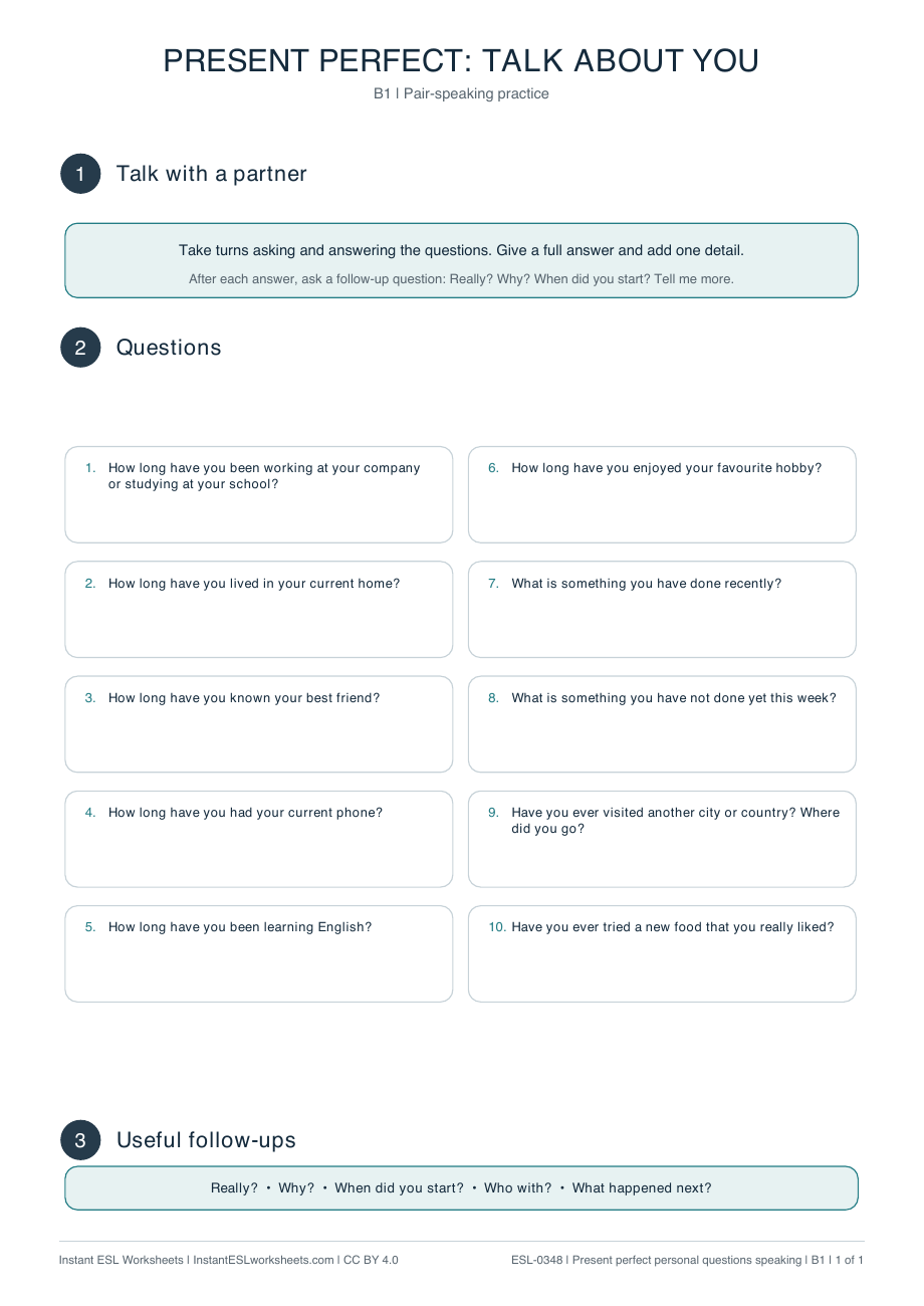 Page 1 of Present Perfect Personal Questions: Speaking Practice
