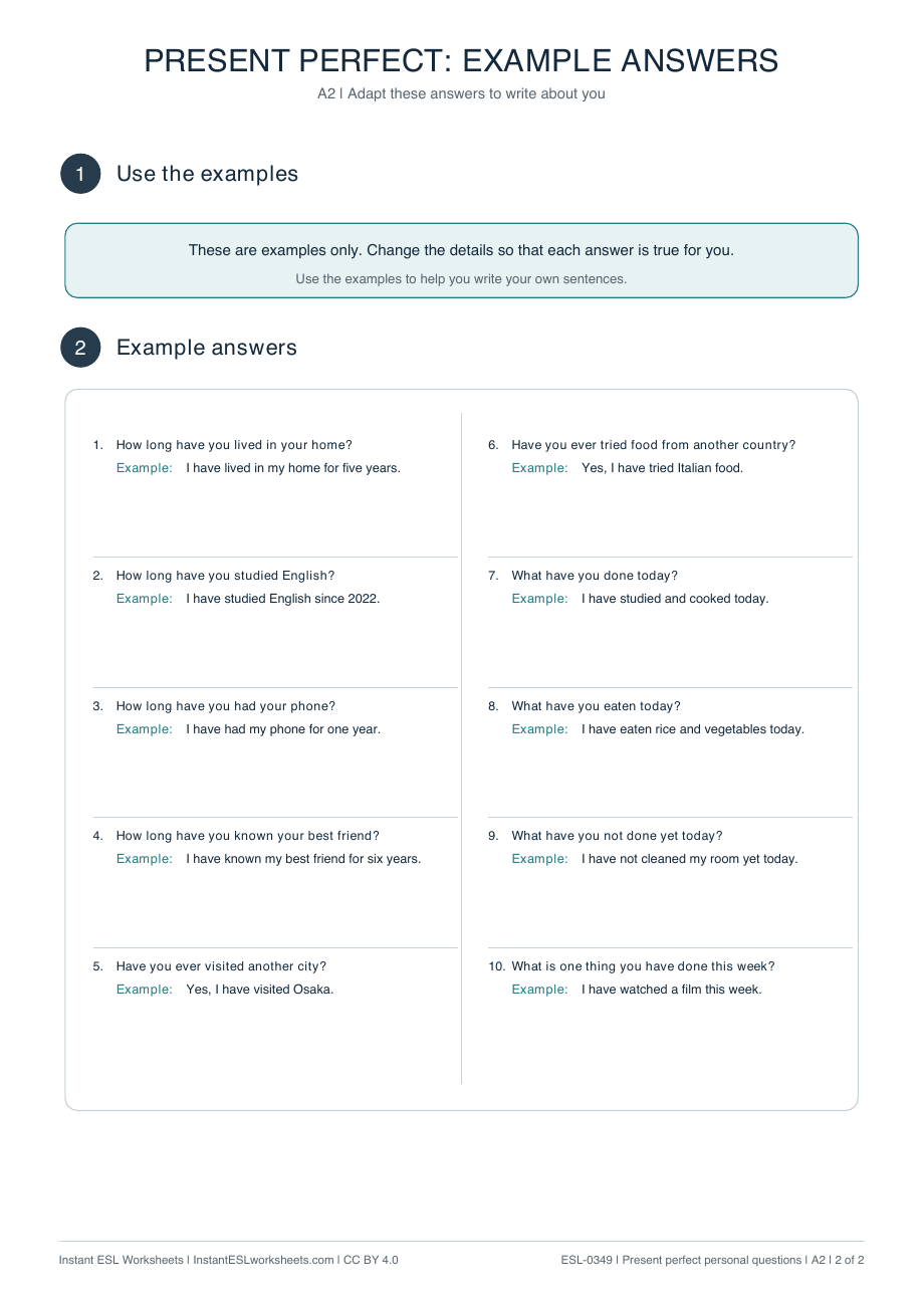 Page 2 of Present Perfect Personal Questions: Writing Practice - answer key