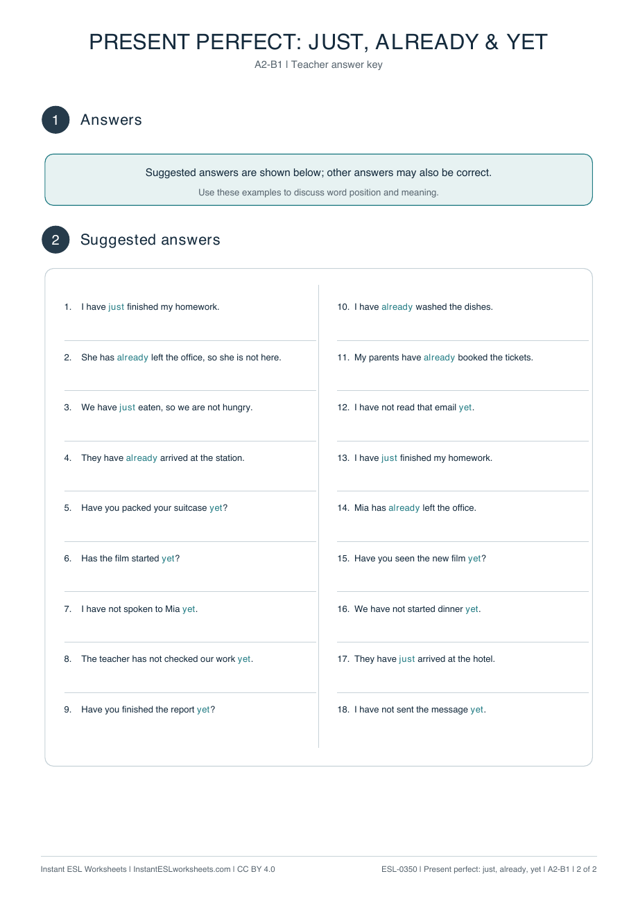 Page 2 of Present Perfect: Just, Already and Yet - answer key