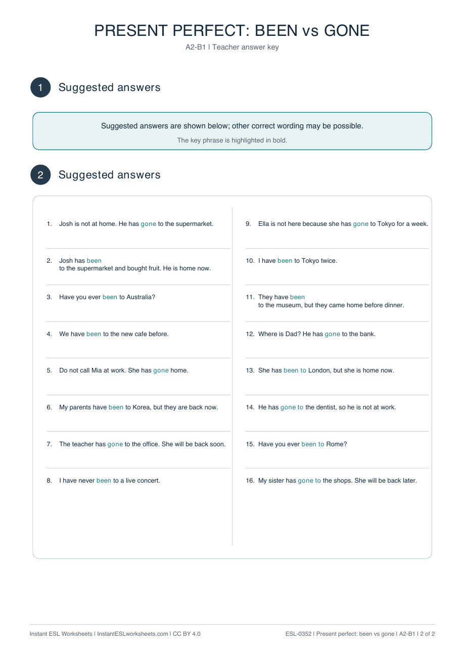 Page 2 of Present Perfect: Been vs Gone: Complete the Sentences - answer key