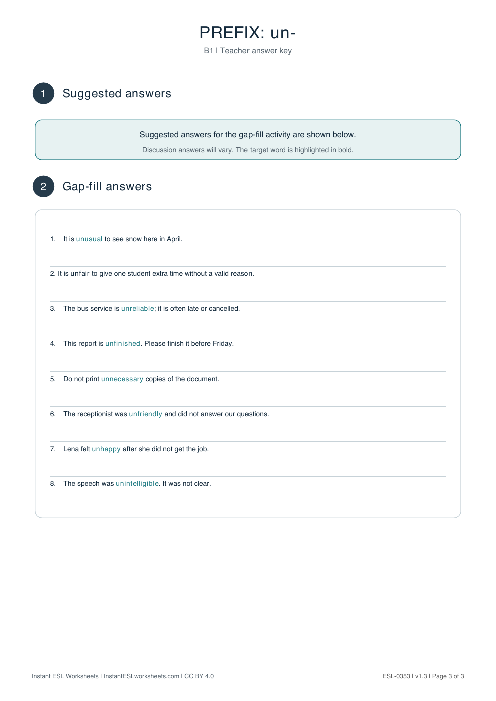 Page 3 of Prefix un- - answer key